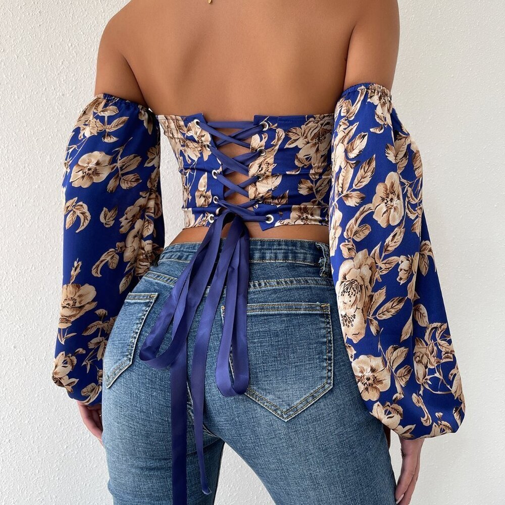Multicolor Boho Women's Off Shoulder Floral Print Lantern Sleeve Crop Top - Picture 2 of 6